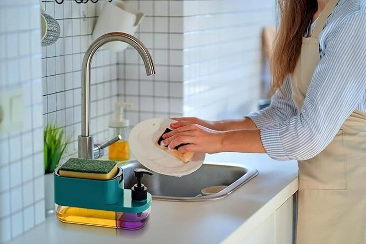 3-in-1 Kitchen Soap Dispenser with Sponge Holder | Press Pump Liquid Soap Organizer