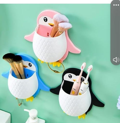 3PC Penguin Wall-Mounted Storage Holder Combo | Multi-Purpose Bathroom & Kitchen Organizer | Toothbrush, Makeup Brush & Stationery Holder