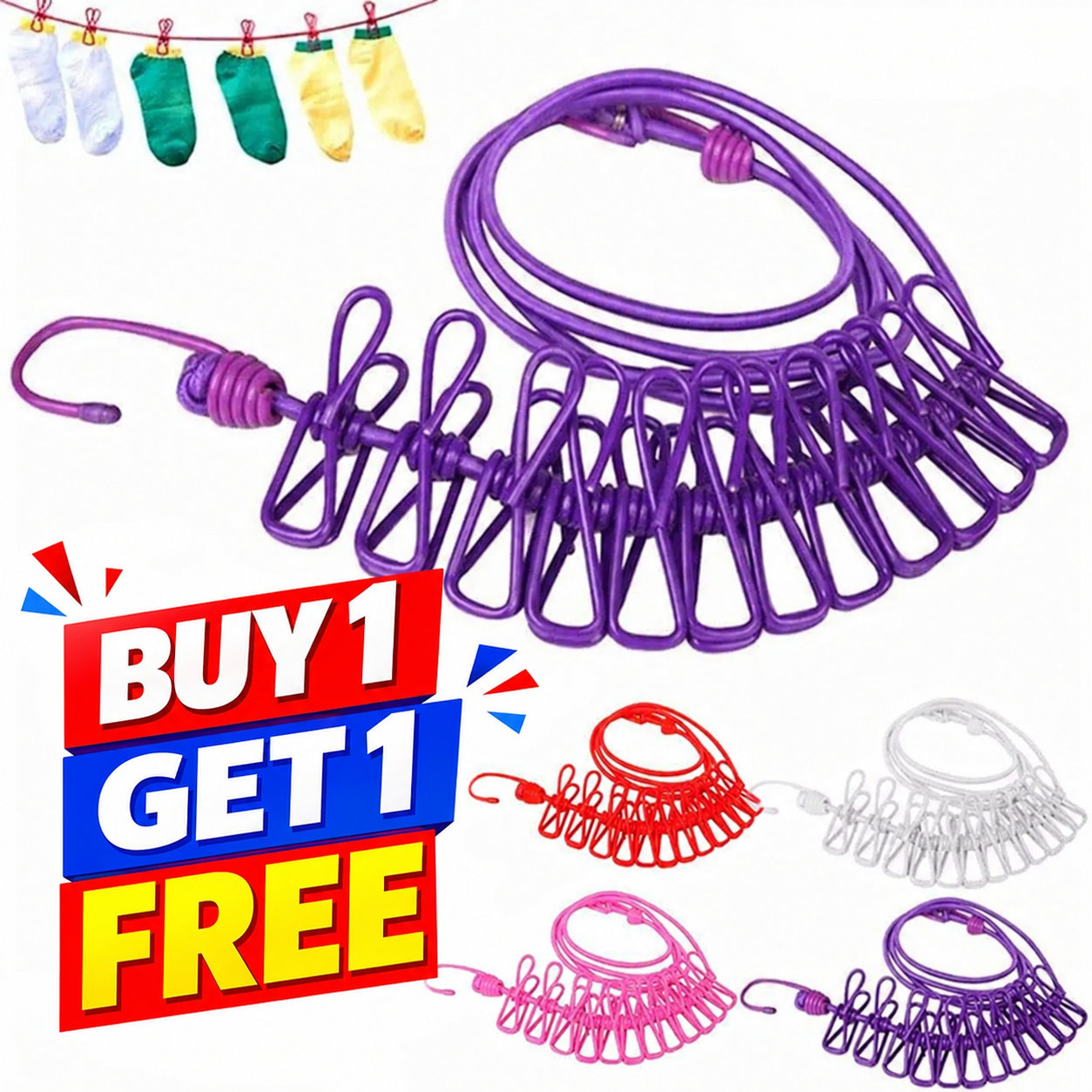 Portable Windproof Clothes Drying Rope with 12 Clips – Travel Laundry Line | Buy 1 Get 1 FREE
