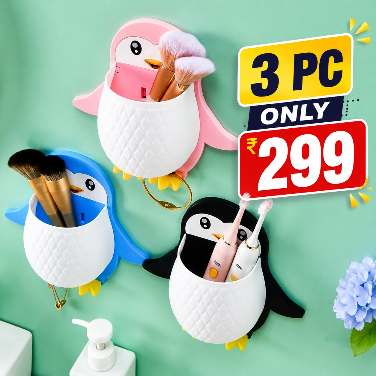 3PC Penguin Wall-Mounted Storage Holder Combo | Multi-Purpose Bathroom & Kitchen Organizer | Toothbrush, Makeup Brush & Stationery Holder