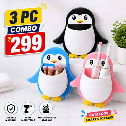 3PC Penguin Wall-Mounted Storage Holder Combo | Multi-Purpose Bathroom & Kitchen Organizer | Toothbrush, Makeup Brush & Stationery Holder