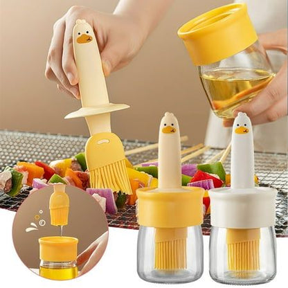 Cute Oil Brush Bottle with Glass Jar | Leakproof Kitchen Basting Brush for BBQ, Baking & Cooking