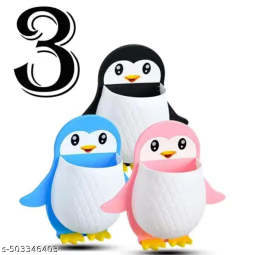 3PC Penguin Wall-Mounted Storage Holder Combo | Multi-Purpose Bathroom & Kitchen Organizer | Toothbrush, Makeup Brush & Stationery Holder