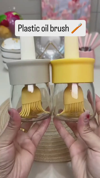 Cute Oil Brush Bottle with Glass Jar | Leakproof Kitchen Basting Brush for BBQ, Baking & Cooking
