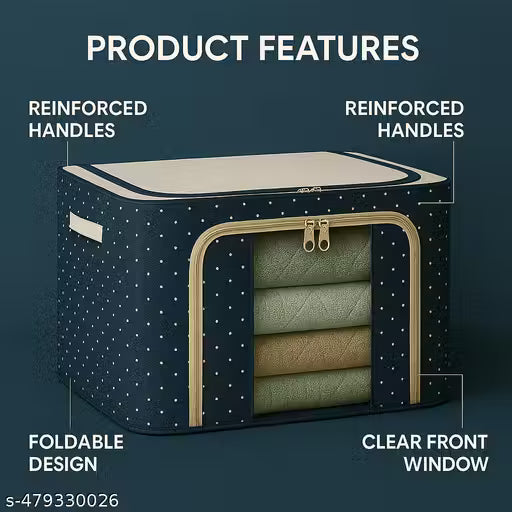 66L Foldable Clothes Storage Box with Steel Frame | Wardrobe Organizer Bag for Sarees, Blankets, Clothes & Bedding